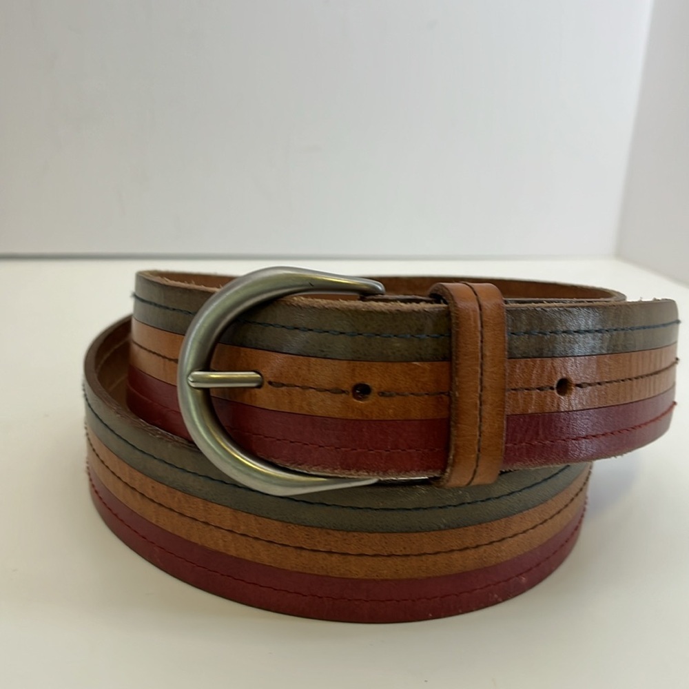 Fossil Striped Leather Belt in Olive Green, Tan & Red w/ Silver Tone Buckle - Lg